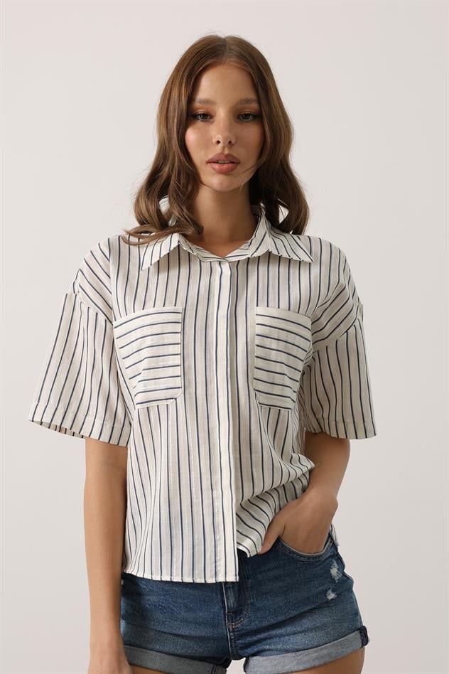 Simli Çizgili Kısa Kol Gömlek - Lacivert