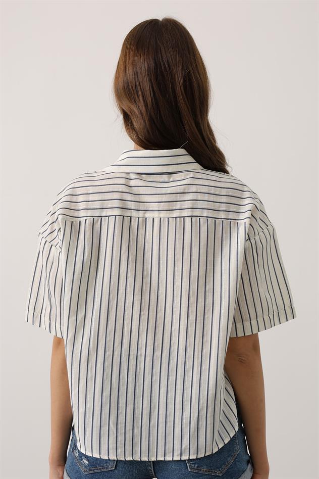 Simli Çizgili Kısa Kol Gömlek - Lacivert