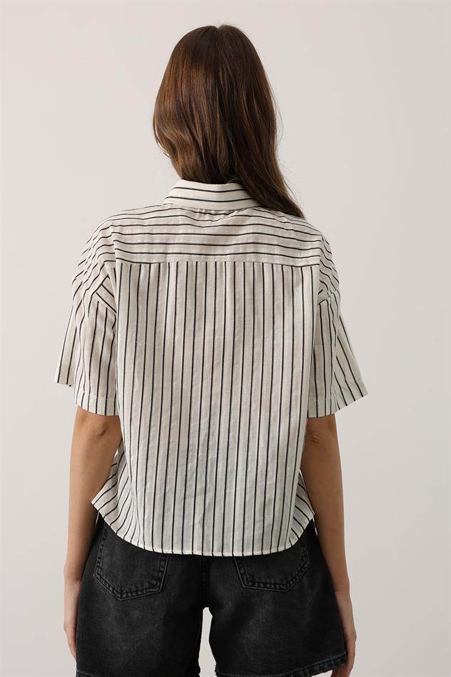 Simli Çizgili Kısa Kol Gömlek - Siyah