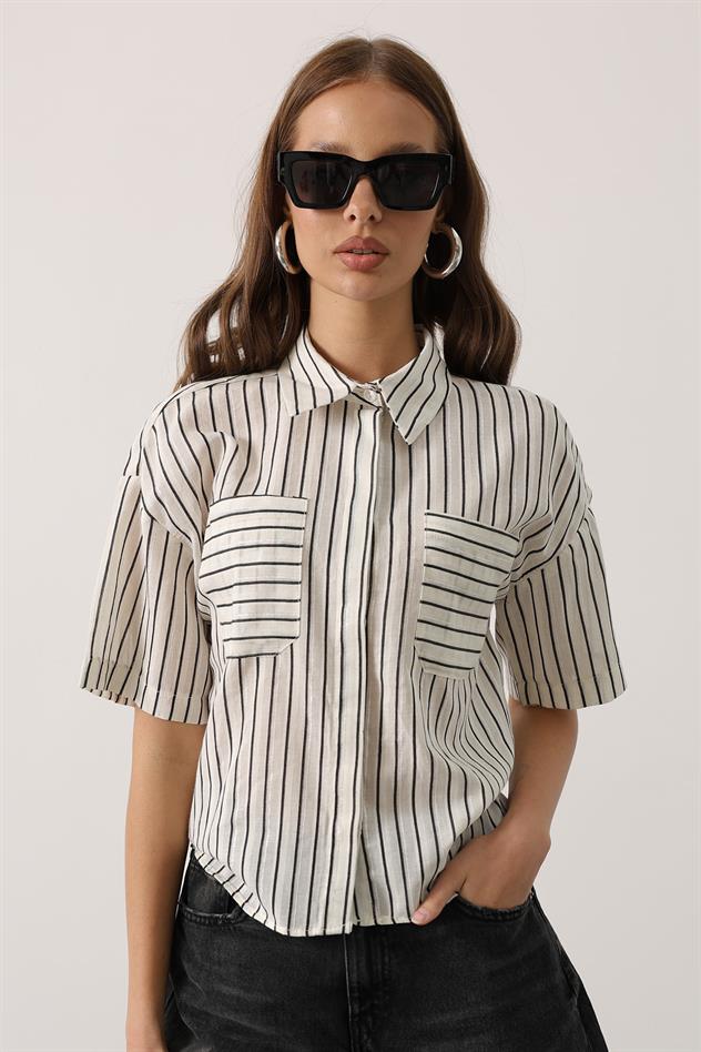 Simli Çizgili Kısa Kol Gömlek - Siyah