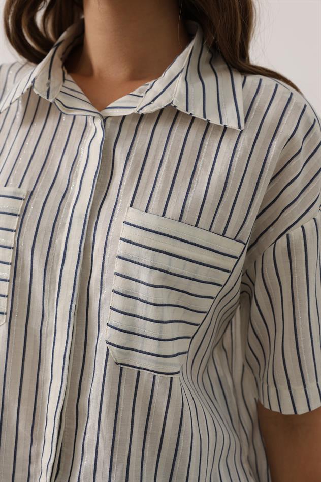 Simli Çizgili Kısa Kol Gömlek - Lacivert