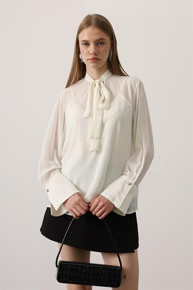 Taş Yapıştırma Gömlek - Ekru