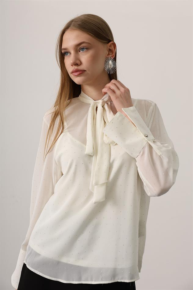 Taş Yapıştırma Gömlek - Ekru