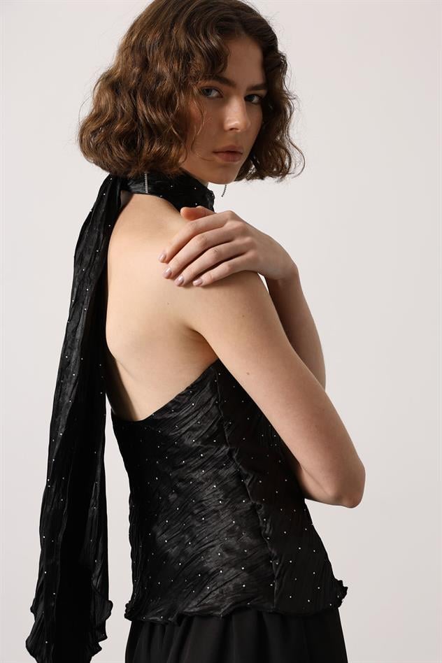 TAŞLI HALTER YAKA BLUZ - Siyah