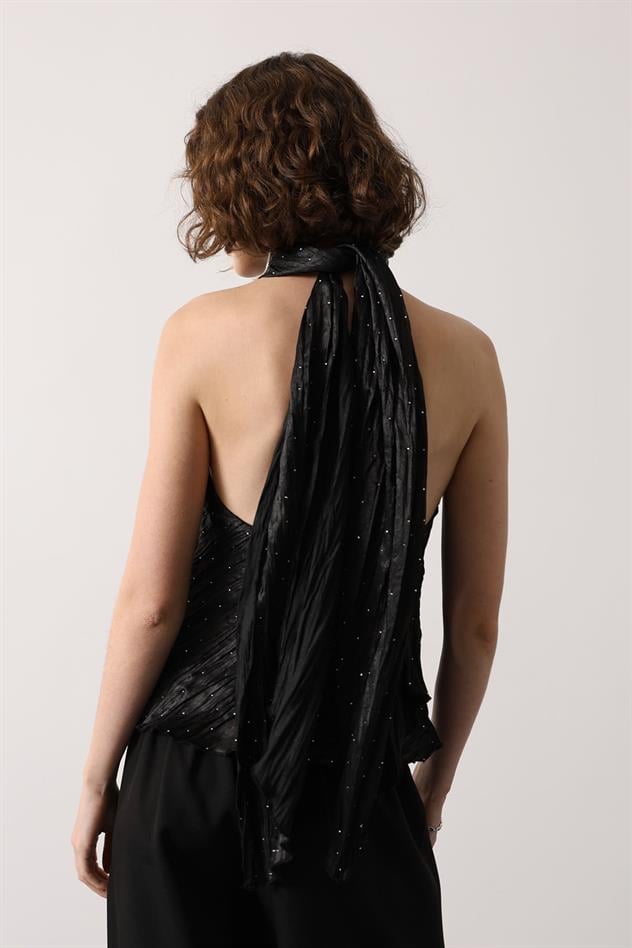 TAŞLI HALTER YAKA BLUZ - Siyah