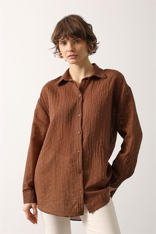 Taşlı Şifon Gmlek - Kahve