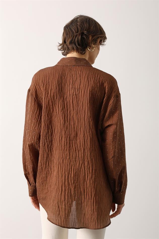 Taşlı Şifon Gmlek - Kahve