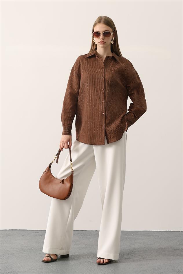 Taşlı Şifon Gmlek - Kahve