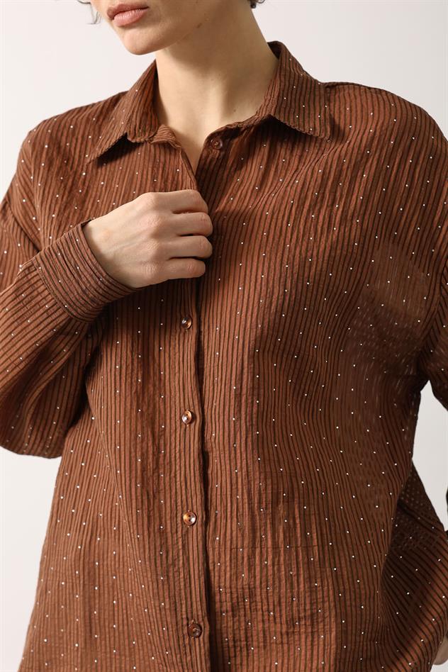 Taşlı Şifon Gmlek - Kahve