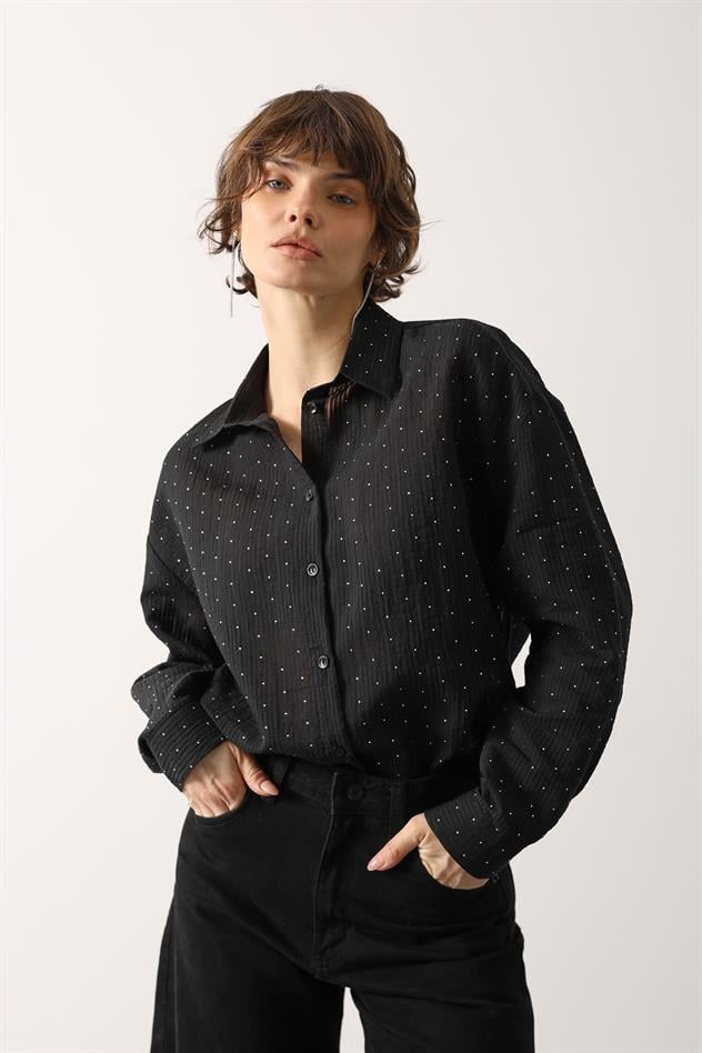 Taşlı Şifon Gmlek - Siyah