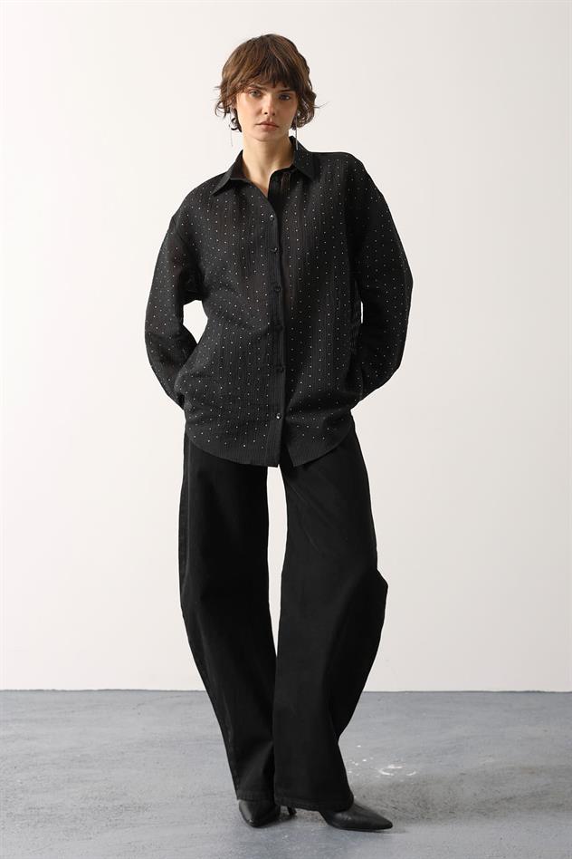 Taşlı Şifon Gmlek - Siyah