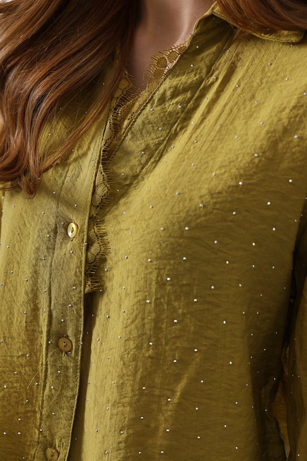 TAŞLI YAKASI DANTELLİ GÖMLEK - Yeşil