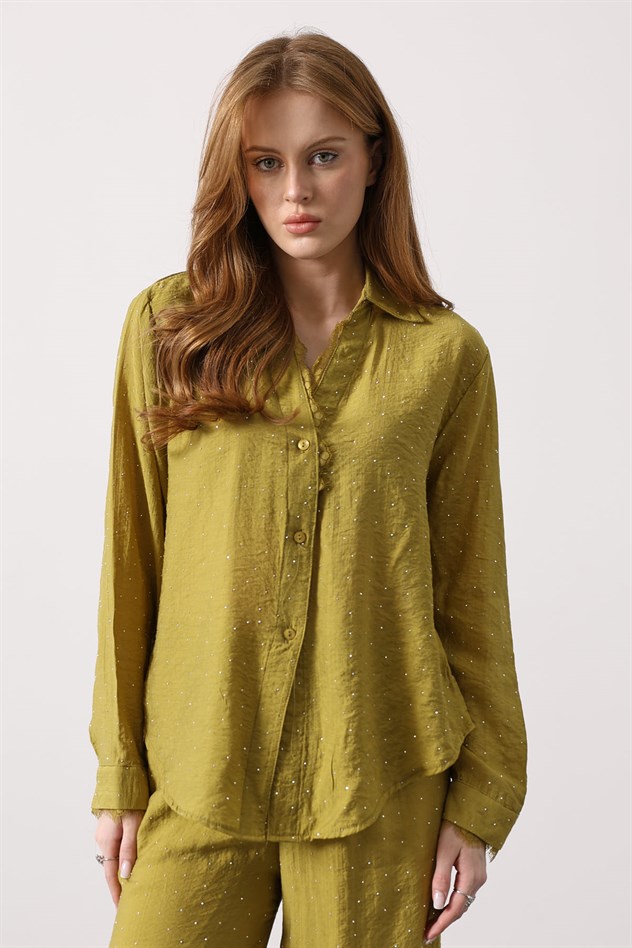 TAŞLI YAKASI DANTELLİ GÖMLEK - Yeşil