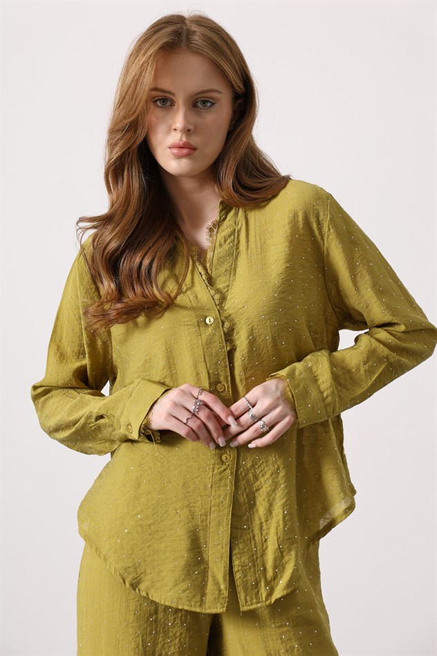 TAŞLI YAKASI DANTELLİ GÖMLEK - Yeşil