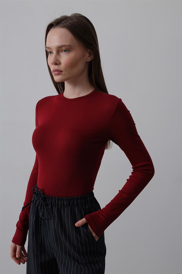 Uzun Kol Crop Top - Bordo