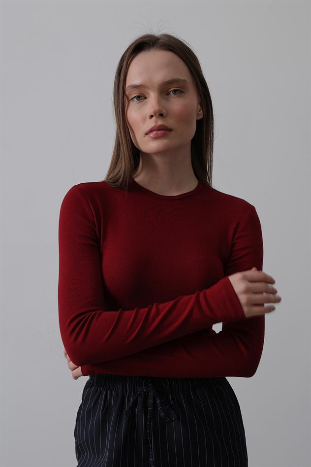 Uzun Kol Crop Top - Bordo