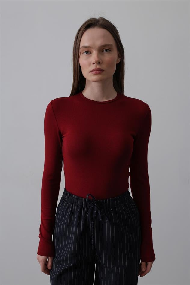 Uzun Kol Crop Top - Bordo