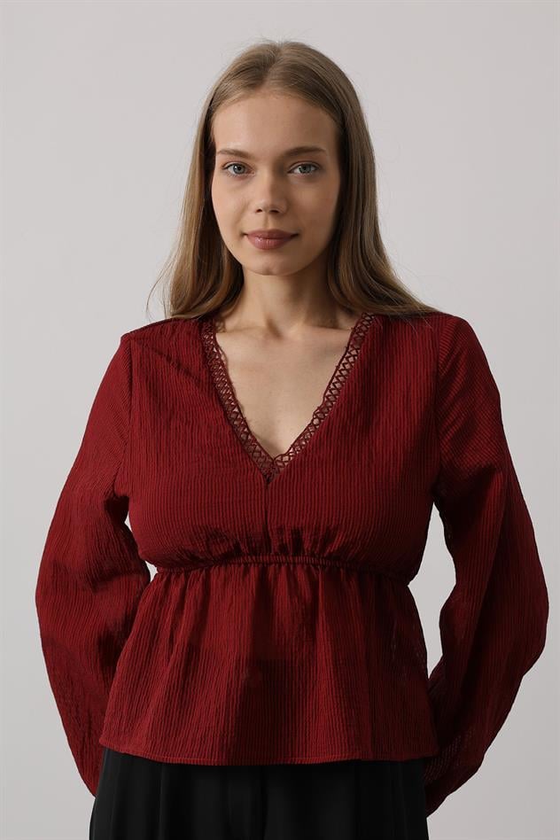 V Yaka Dantelli Bluz - Bordo