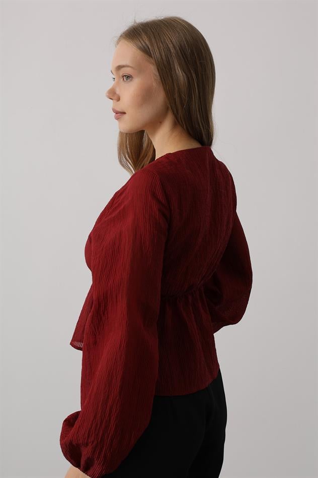 V Yaka Dantelli Bluz - Bordo