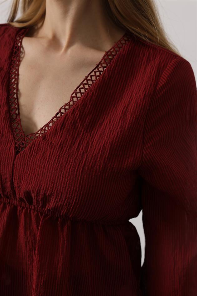 V Yaka Dantelli Bluz - Bordo