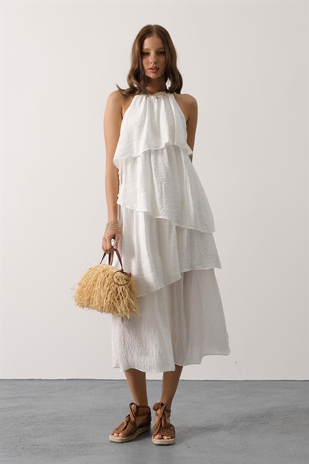 Yaka Detaylı Kat Kat Elbise - Beyaz