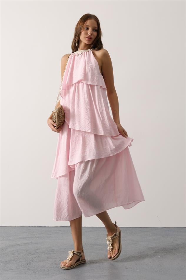 Yaka Detaylı Kat Kat Elbise - Pembe