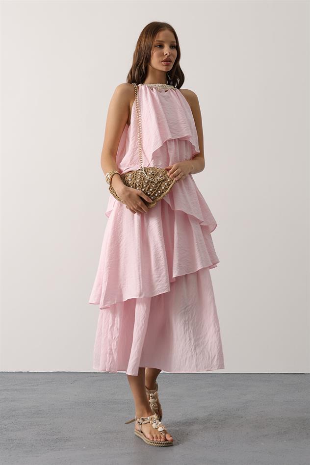 Yaka Detaylı Kat Kat Elbise - Pembe