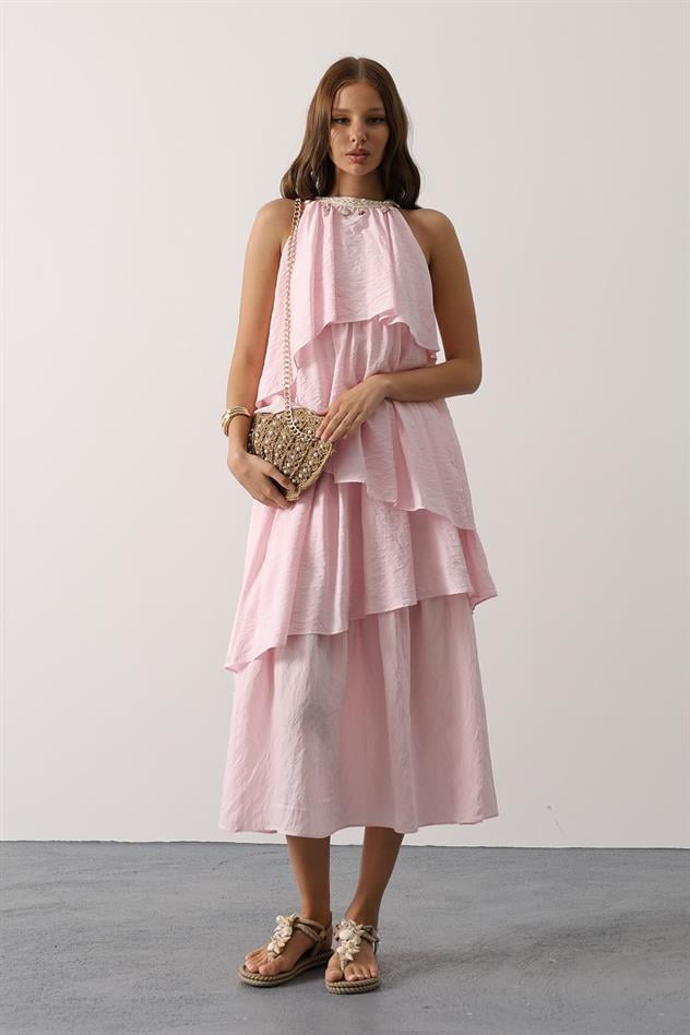Yaka Detaylı Kat Kat Elbise - Pembe
