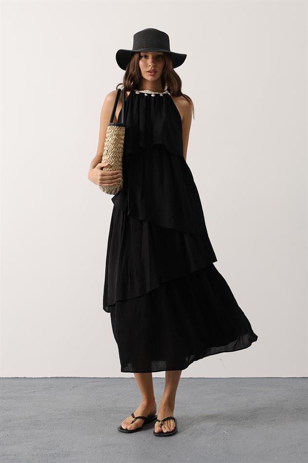 Yaka Detaylı Kat Kat Elbise - Siyah