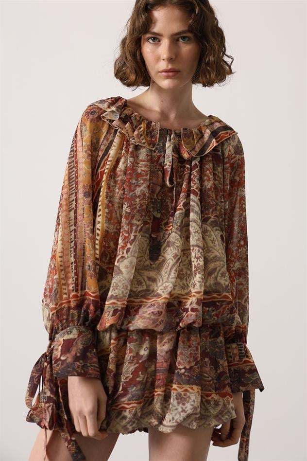 YAKASI BAĞLAMALI MİNİ ELBİSE - Multi Color