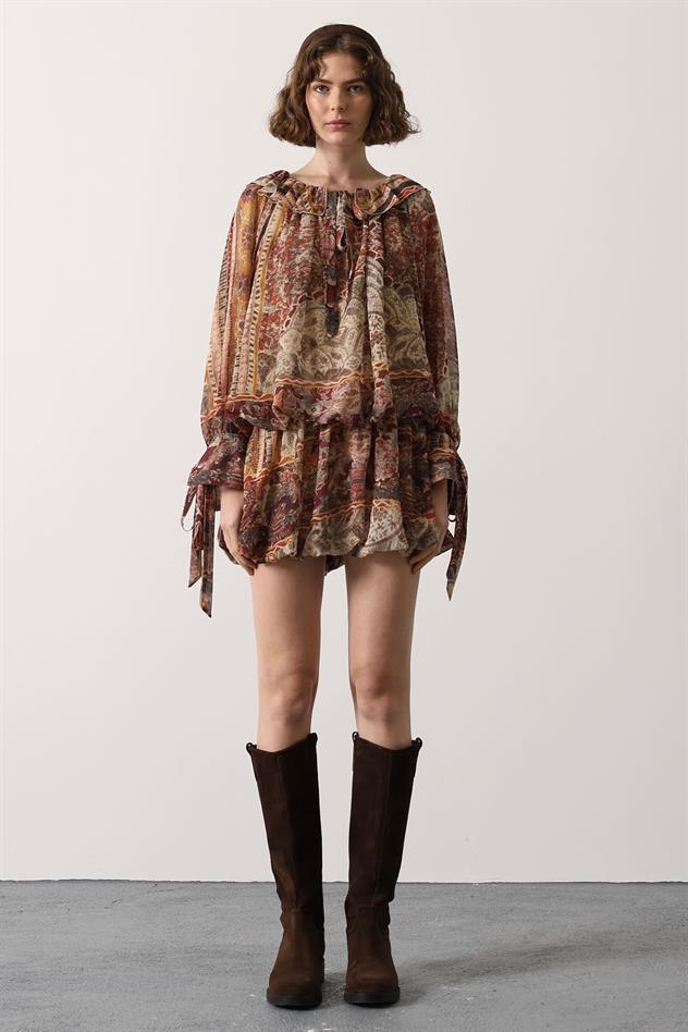 YAKASI BAĞLAMALI MİNİ ELBİSE - Multi Color