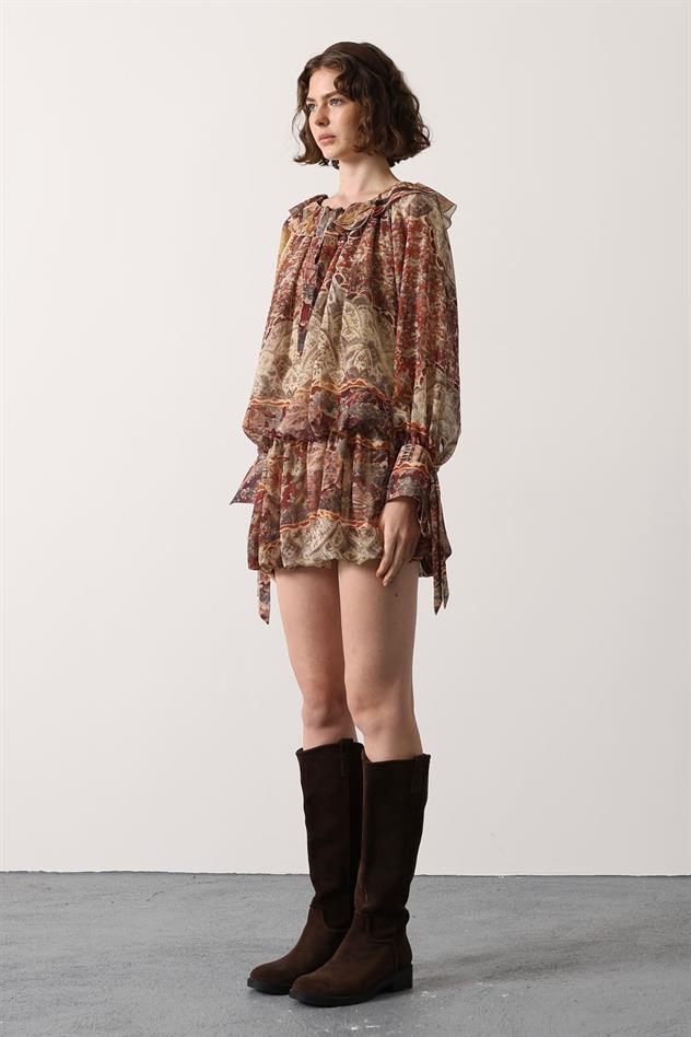 YAKASI BAĞLAMALI MİNİ ELBİSE - Multi Color