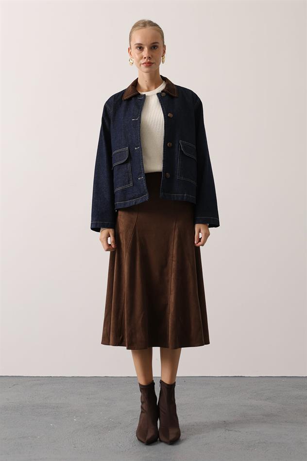 YAKASI KONTRAST DENİM OVERSİZE CEKET - Lacivert