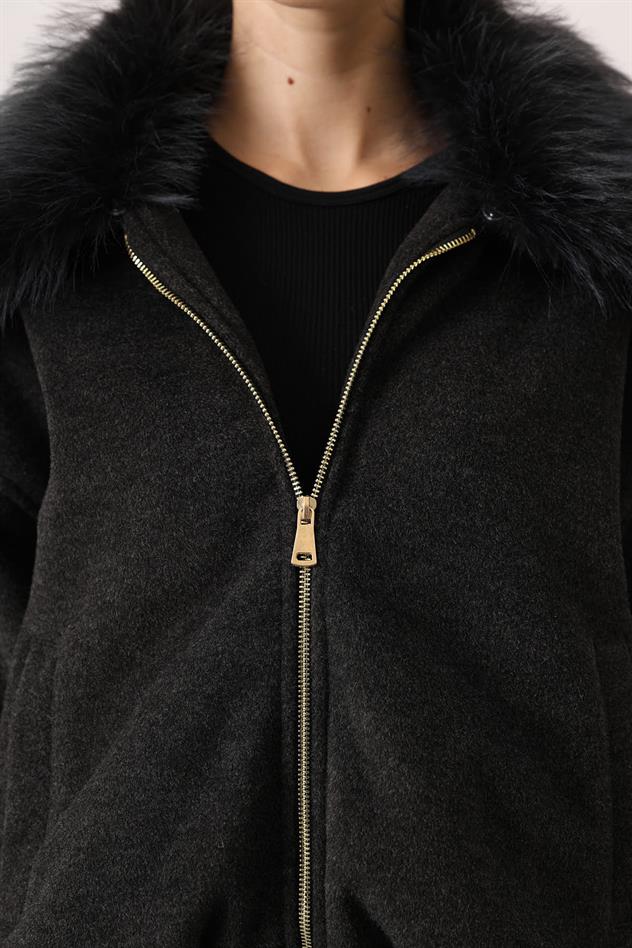 YAKASI KÜRKLÜ KAŞE CEKET - Antrasit