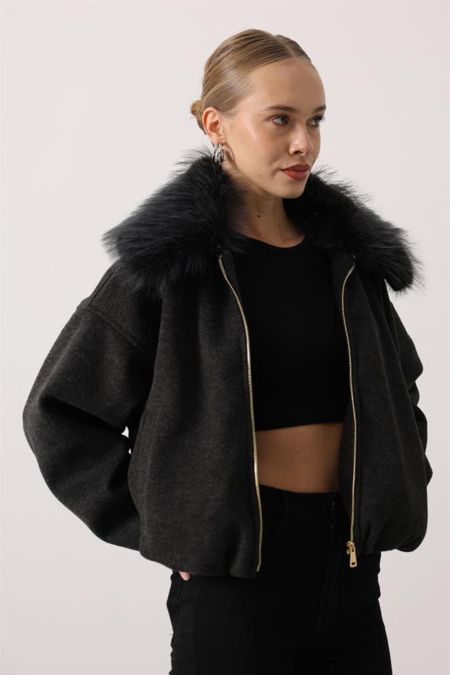 YAKASI KÜRKLÜ KAŞE CEKET - Antrasit