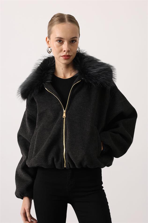 YAKASI KÜRKLÜ KAŞE CEKET - Antrasit