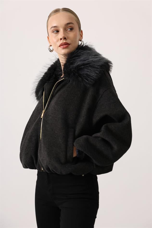 YAKASI KÜRKLÜ KAŞE CEKET - Antrasit