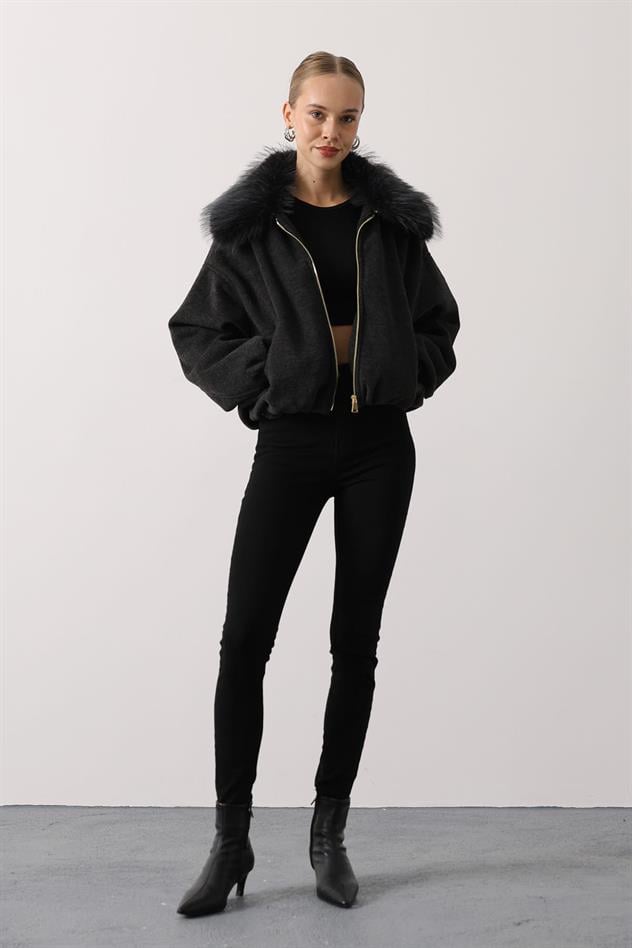 YAKASI KÜRKLÜ KAŞE CEKET - Antrasit