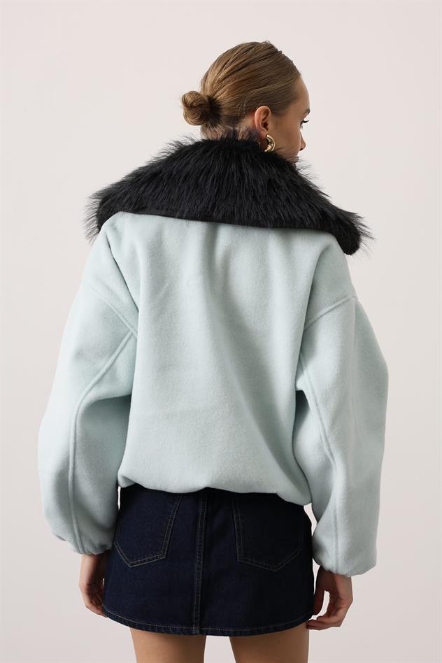 YAKASI KÜRKLÜ KAŞE CEKET - Mint