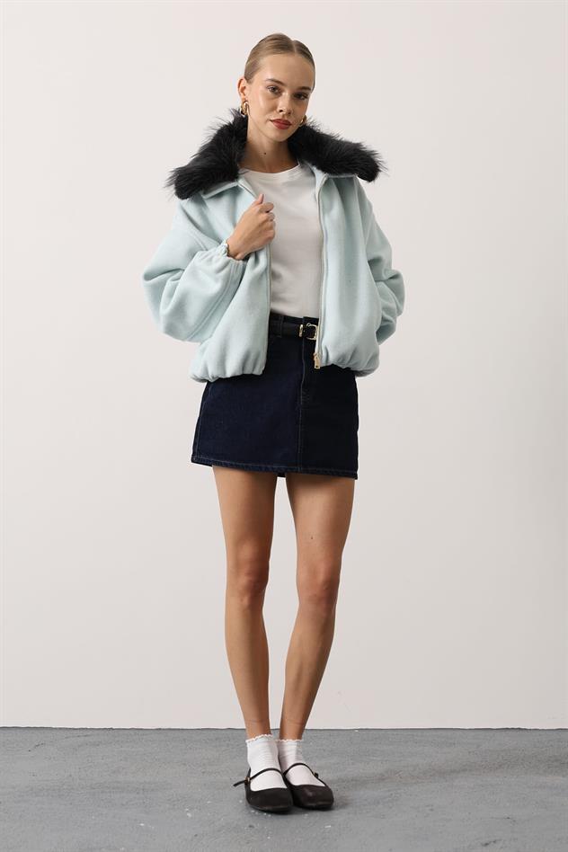 YAKASI KÜRKLÜ KAŞE CEKET - Mint