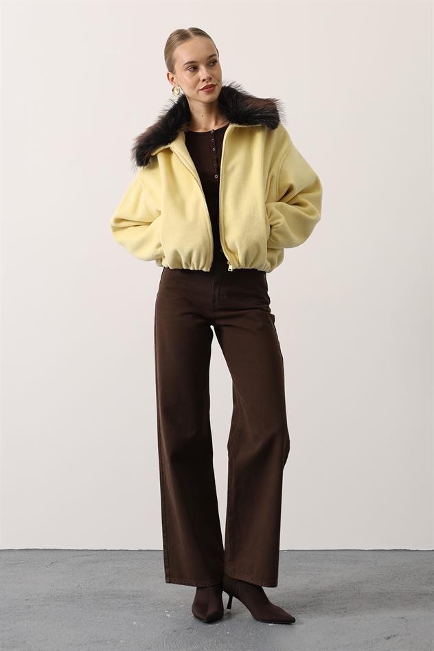 YAKASI KÜRKLÜ KAŞE CEKET - Sarı