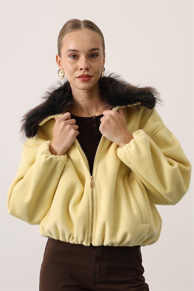 YAKASI KÜRKLÜ KAŞE CEKET - Sarı