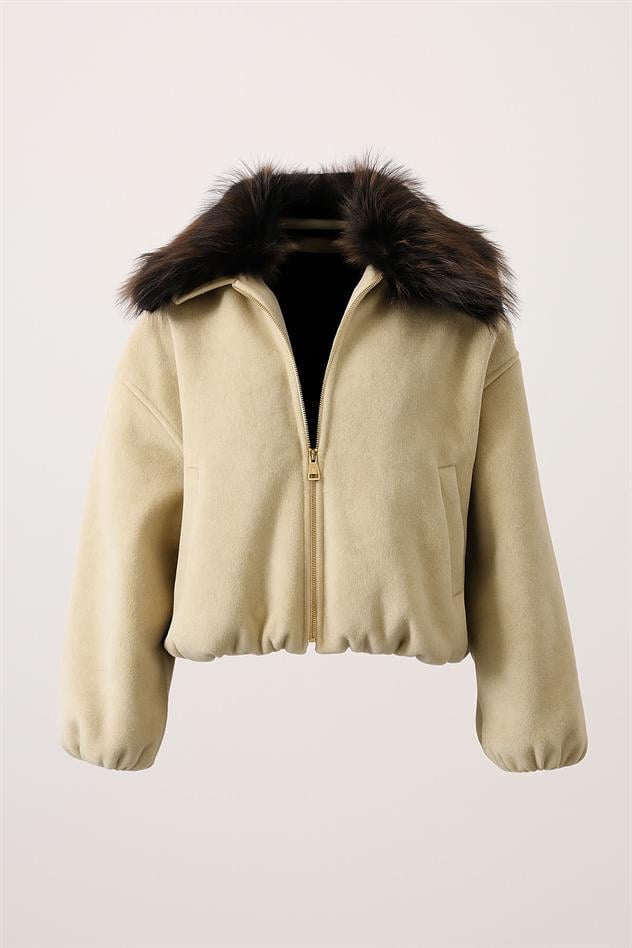 YAKASI KÜRKLÜ KAŞE CEKET - Taş