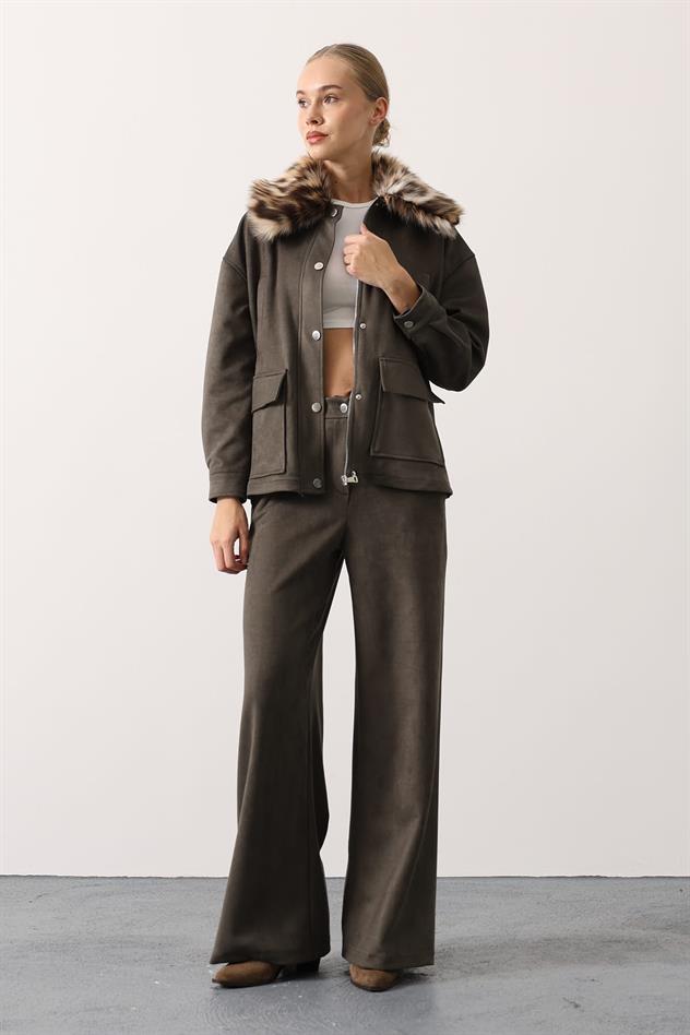 YAKASI KÜRKLÜ SÜET TAKIM - Haki