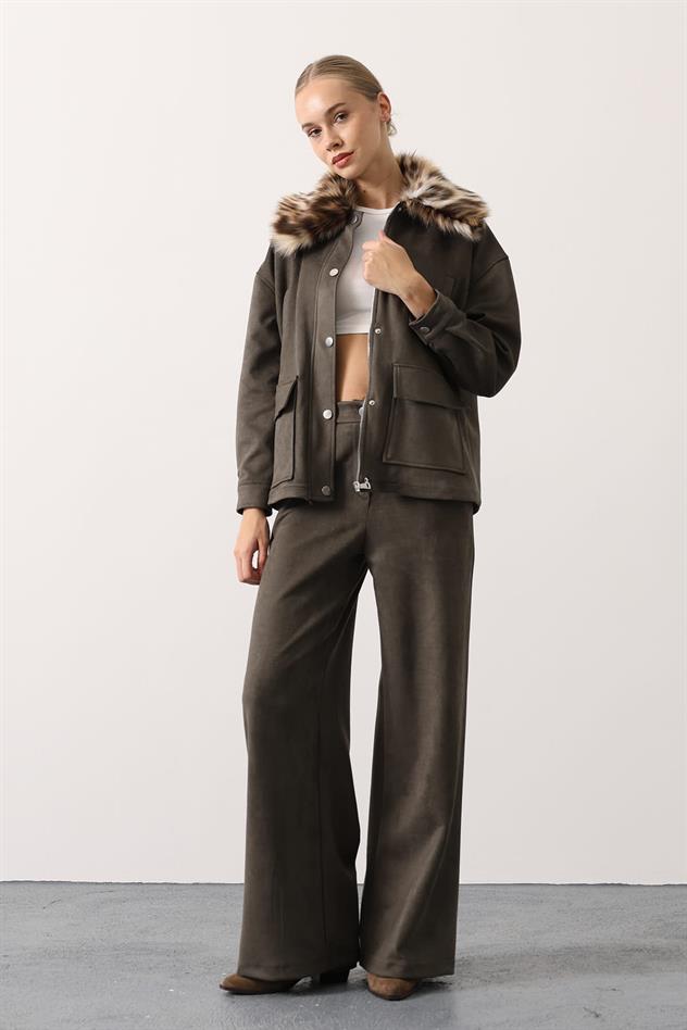 YAKASI KÜRKLÜ SÜET TAKIM - Haki