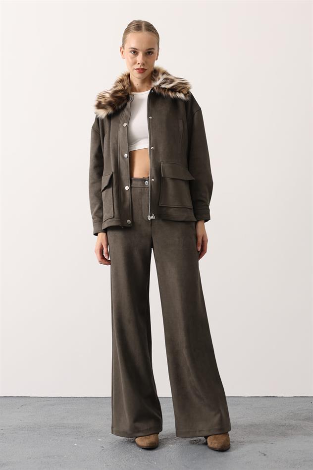 YAKASI KÜRKLÜ SÜET TAKIM - Haki