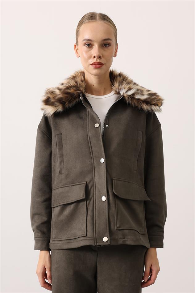 YAKASI KÜRKLÜ SÜET TAKIM - Haki