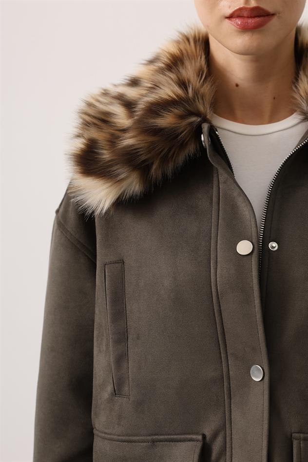 YAKASI KÜRKLÜ SÜET TAKIM - Haki