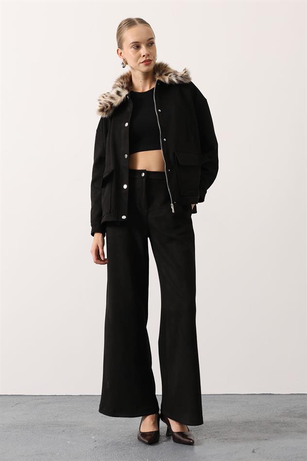 YAKASI KÜRKLÜ SÜET TAKIM - Siyah