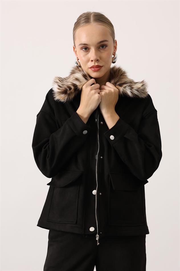 YAKASI KÜRKLÜ SÜET TAKIM - Siyah